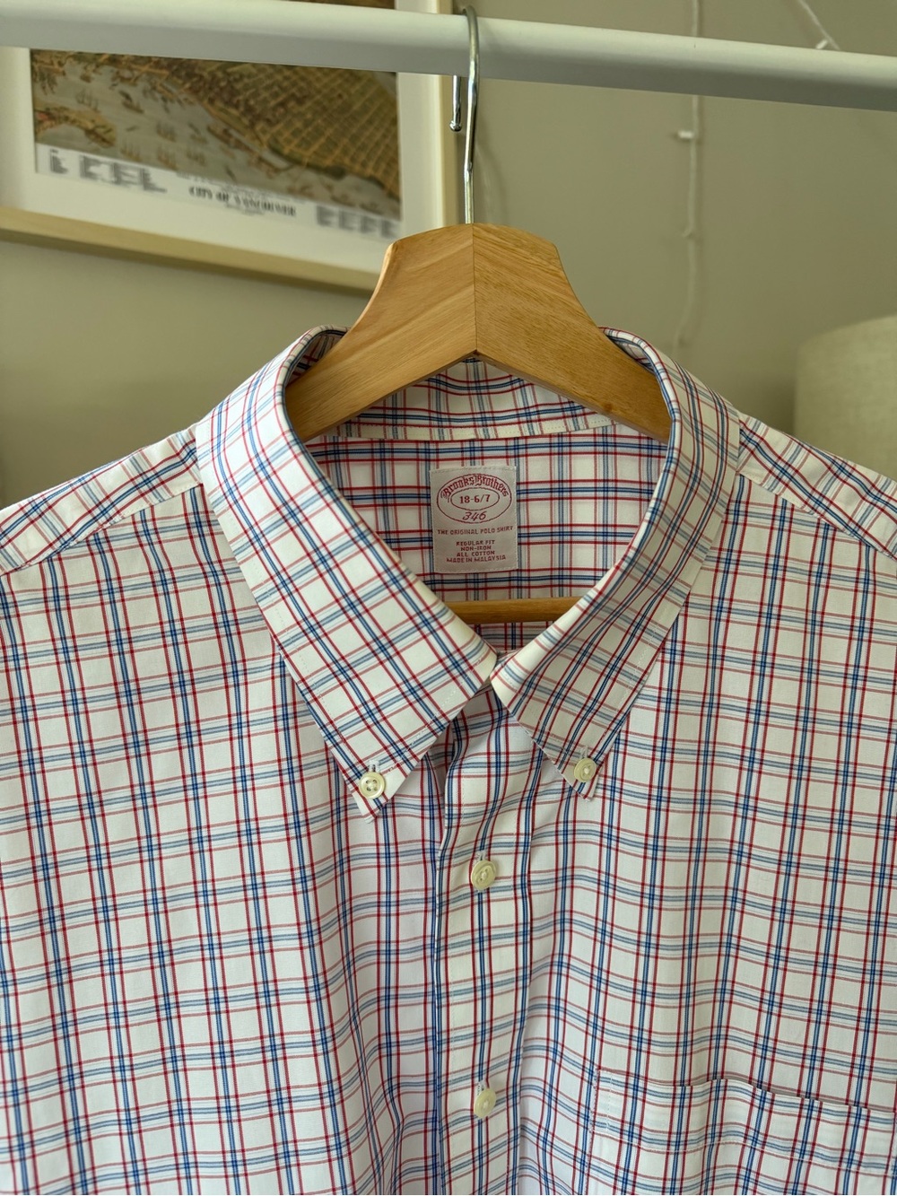 Brooks Brothers White Button-Down Shirt with Red & Blue Windowpane Plaid